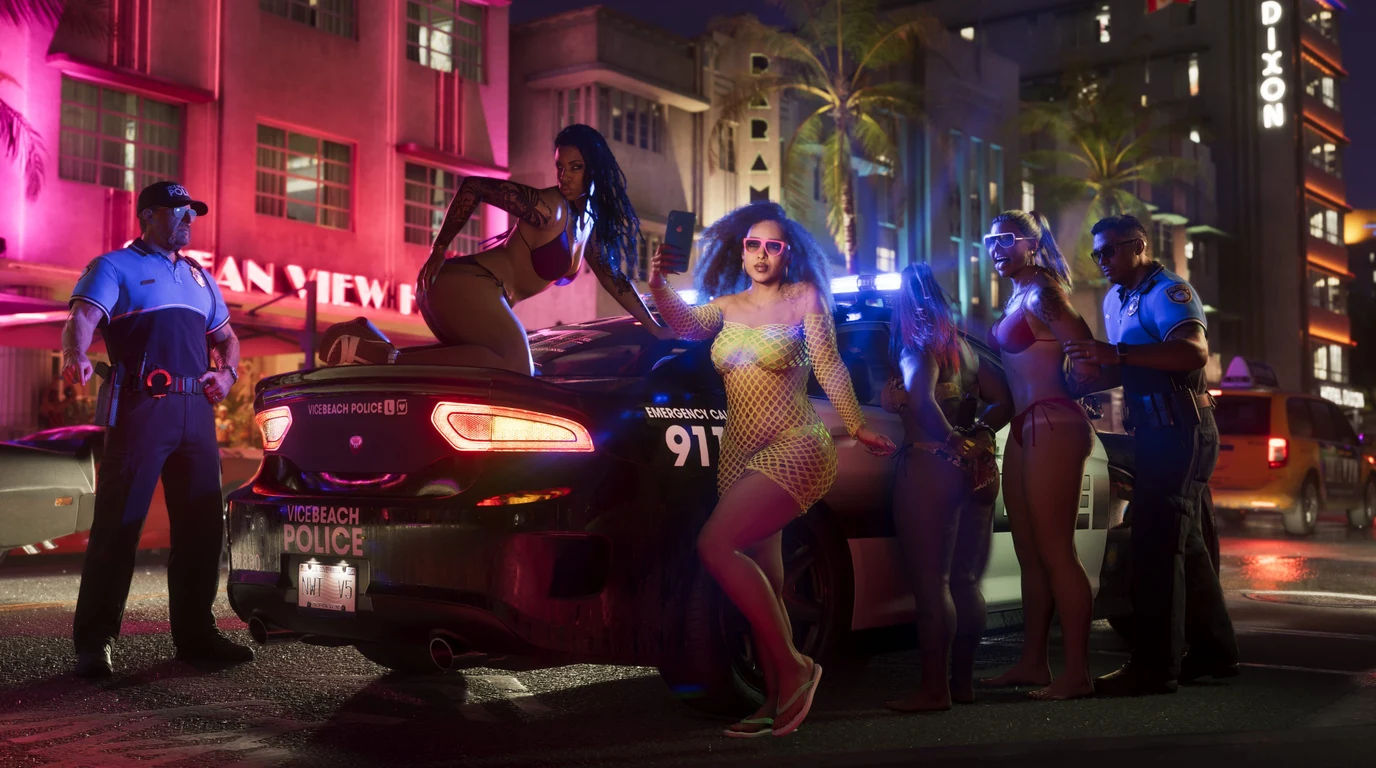 Police on a Vice City street at night