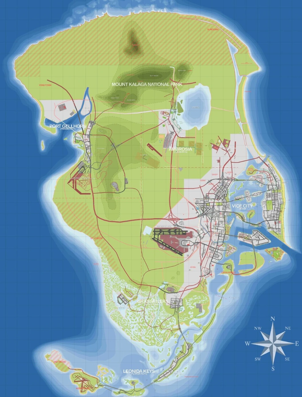 Карта штата Леонида из GTA 6: Вайс-Сити, побережье, болота и острова